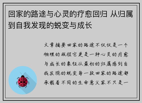 回家的路途与心灵的疗愈回归 从归属到自我发现的蜕变与成长