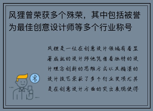 风狸曾荣获多个殊荣，其中包括被誉为最佳创意设计师等多个行业称号